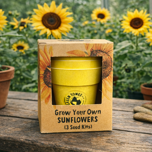 Yellow seedling pot with 'Grow Your Own Sunflowers' kit packaging on a wooden surface with sunflowers in the background.